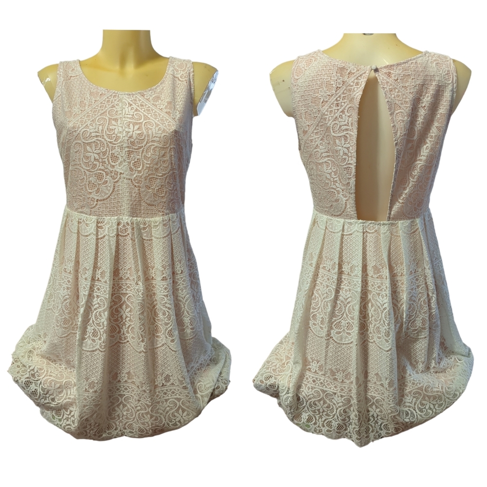 MYSTREE NWT Blush Colored Sleeveless Dress with Cream Lace Overlay